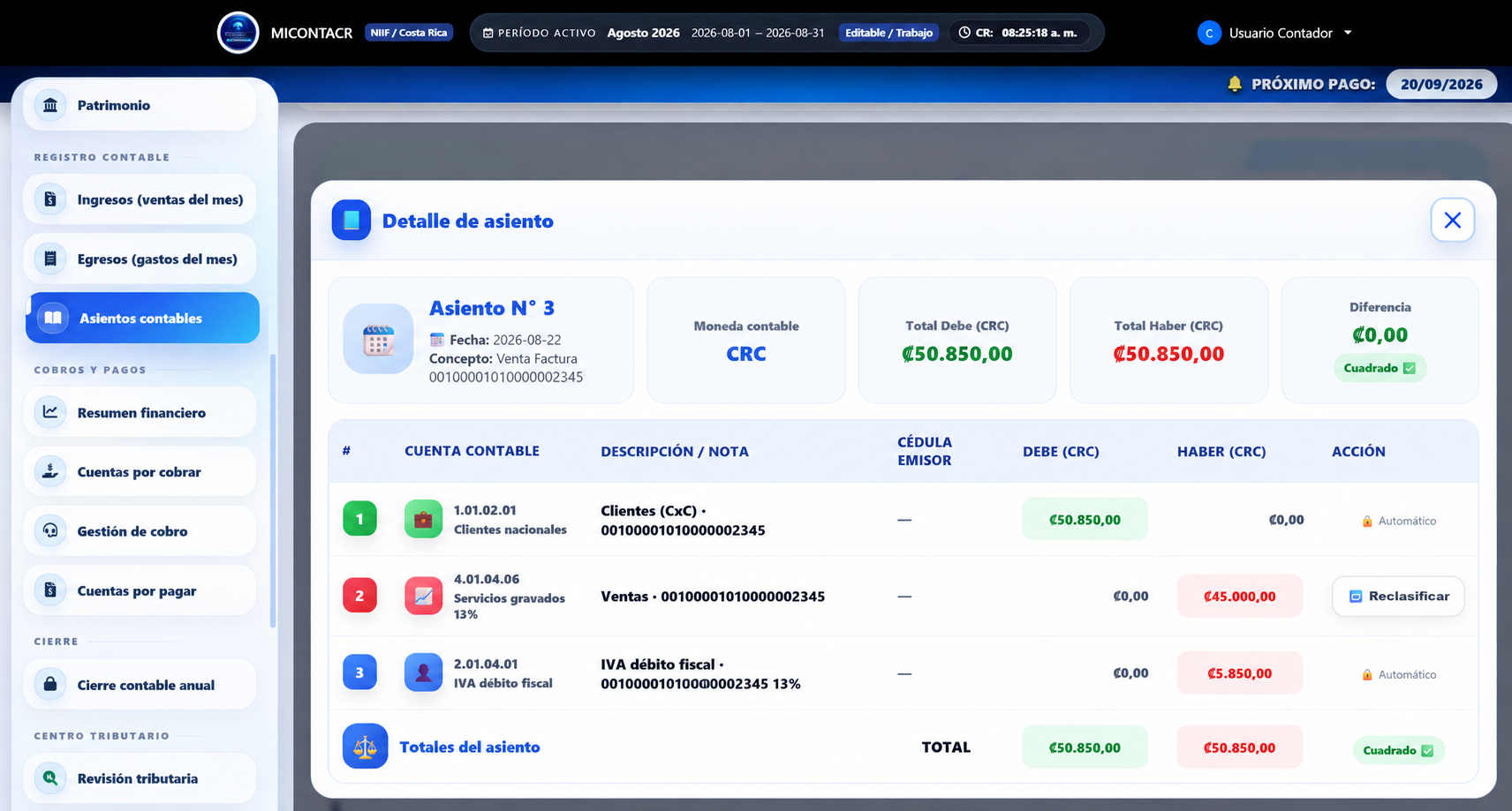 Pantalla de asientos contables en MICONTACR