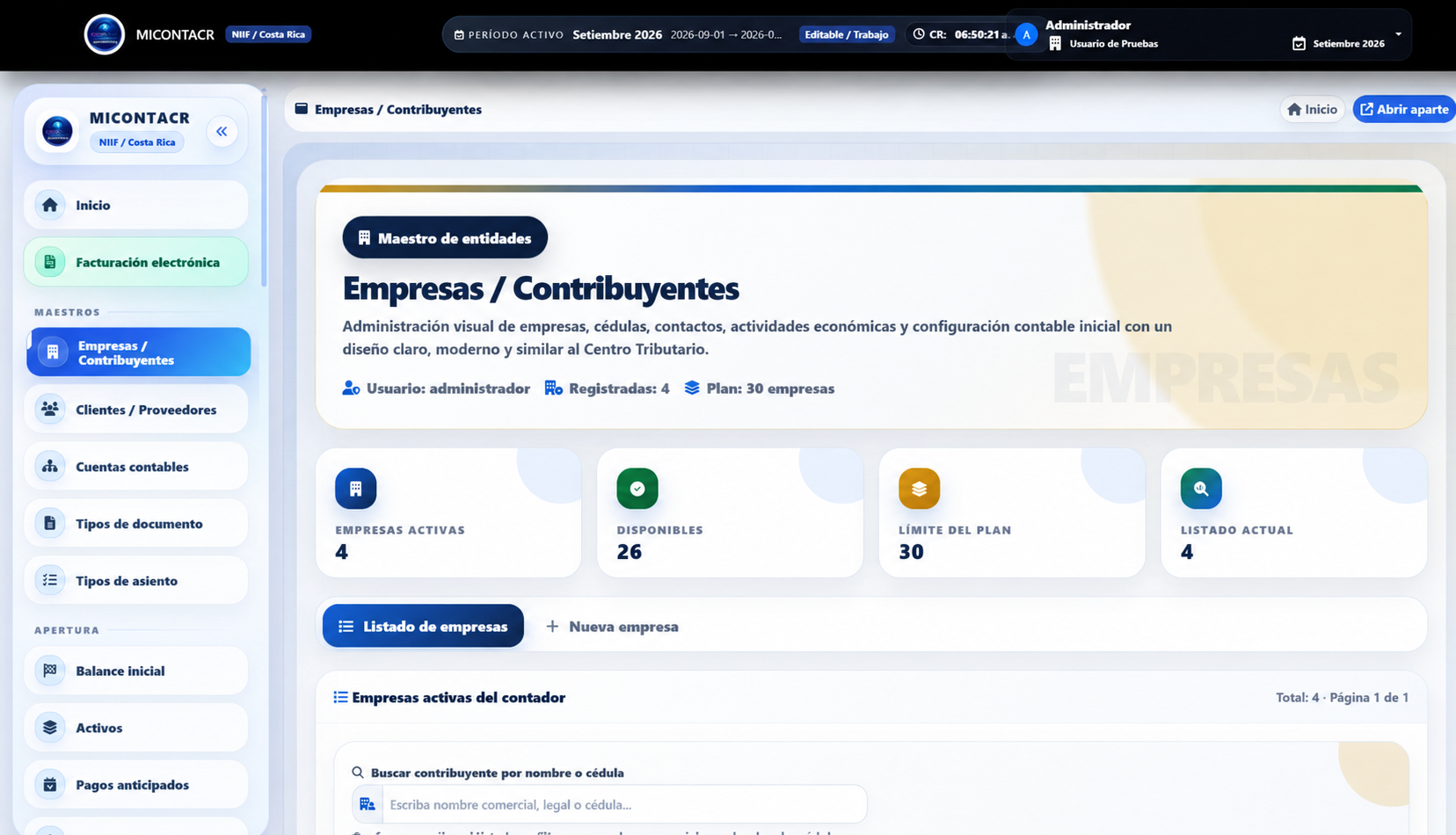 Pantalla de empresas y contribuyentes en MICONTACR