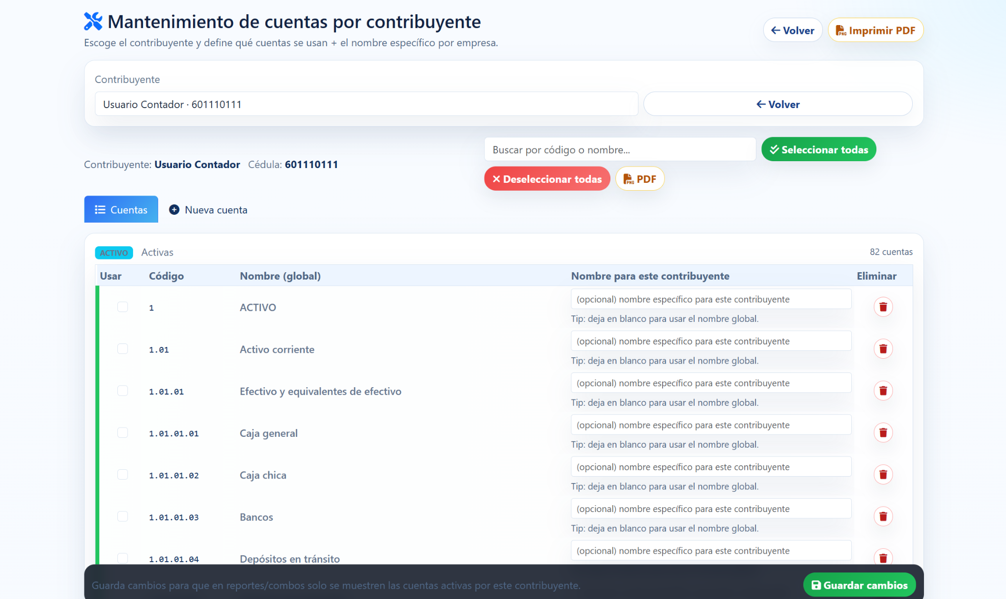 Mantenimiento de cuentas contables por contribuyente